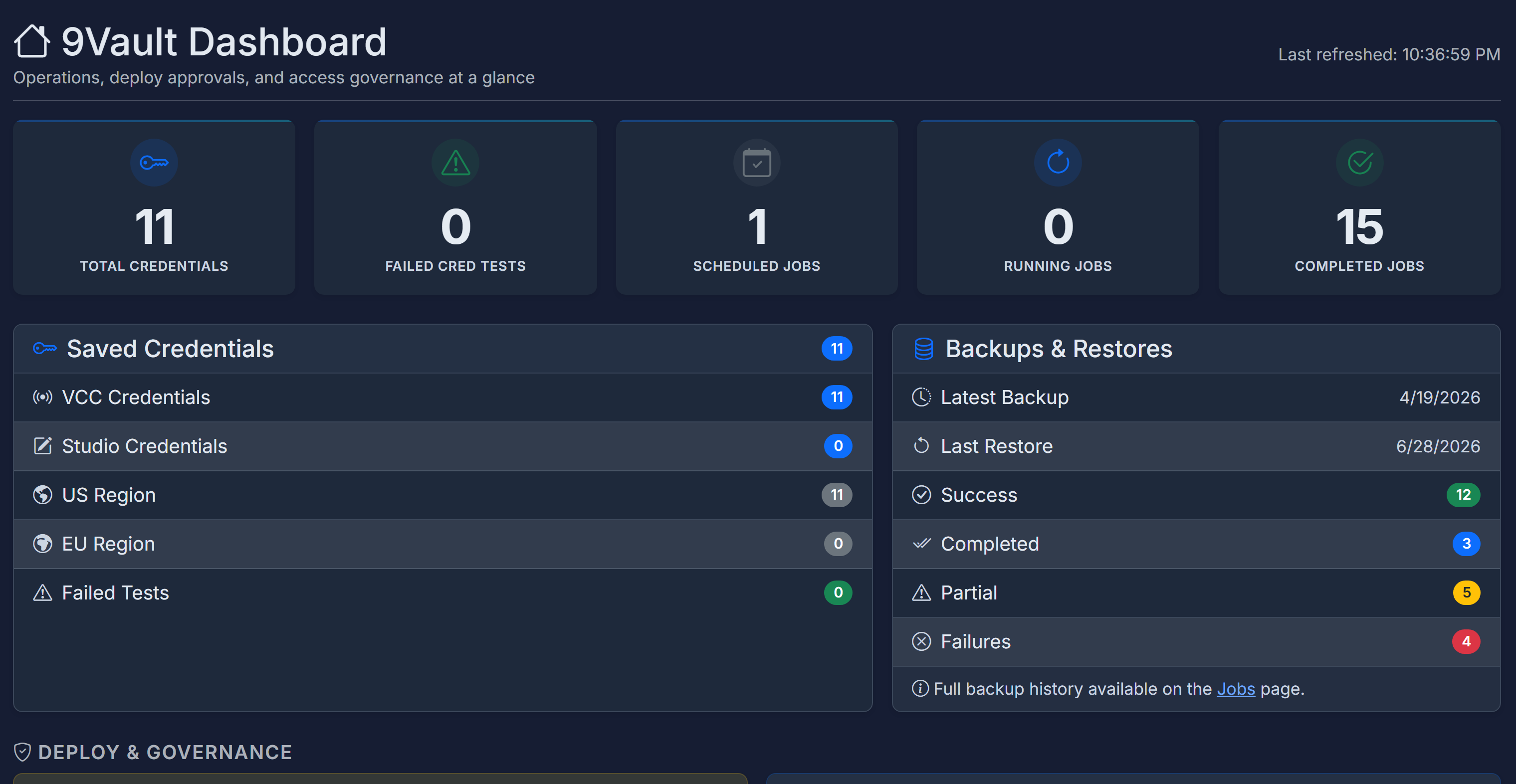 9Vault dashboard - credentials, backup health, and operations KPIs