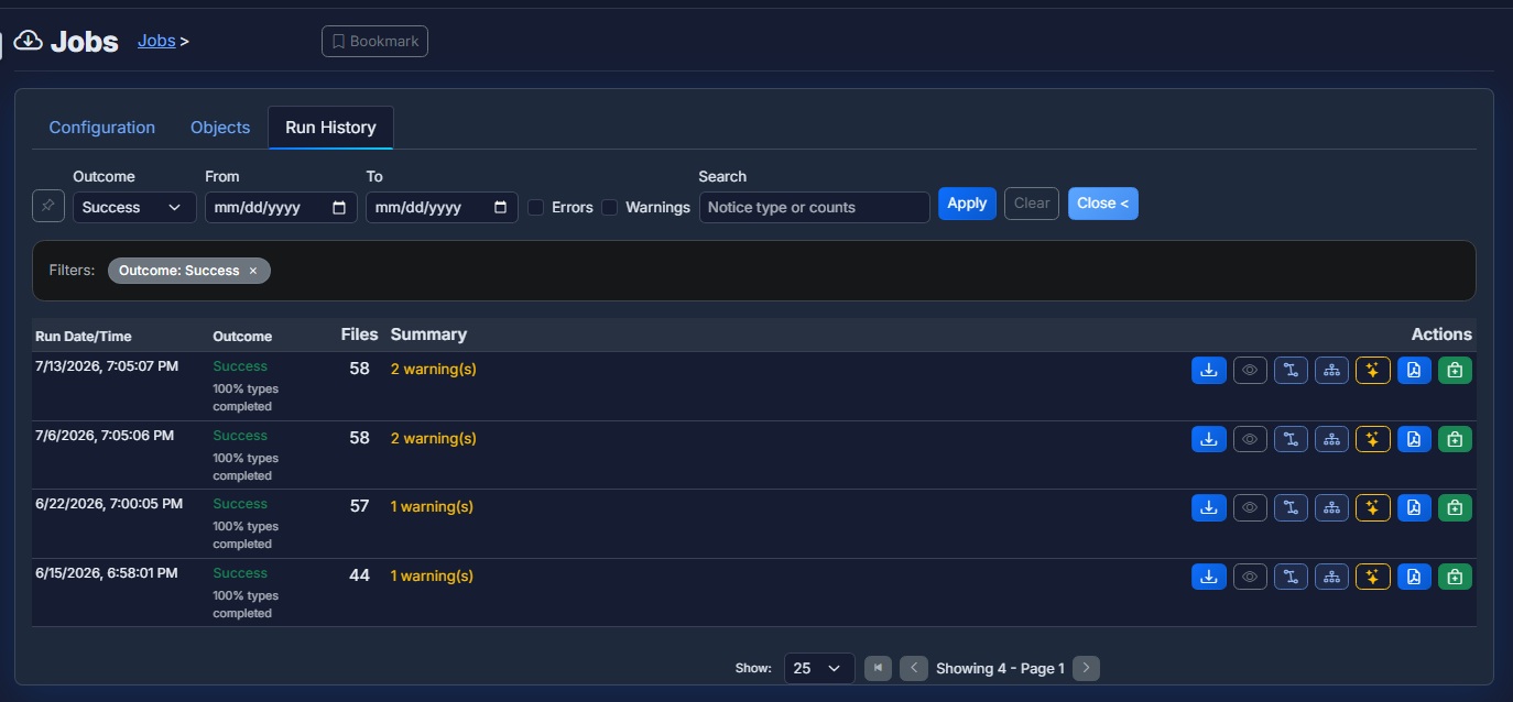 9Vault backup run history — scheduled Five9 config snapshots with outcome, file counts, and export actions