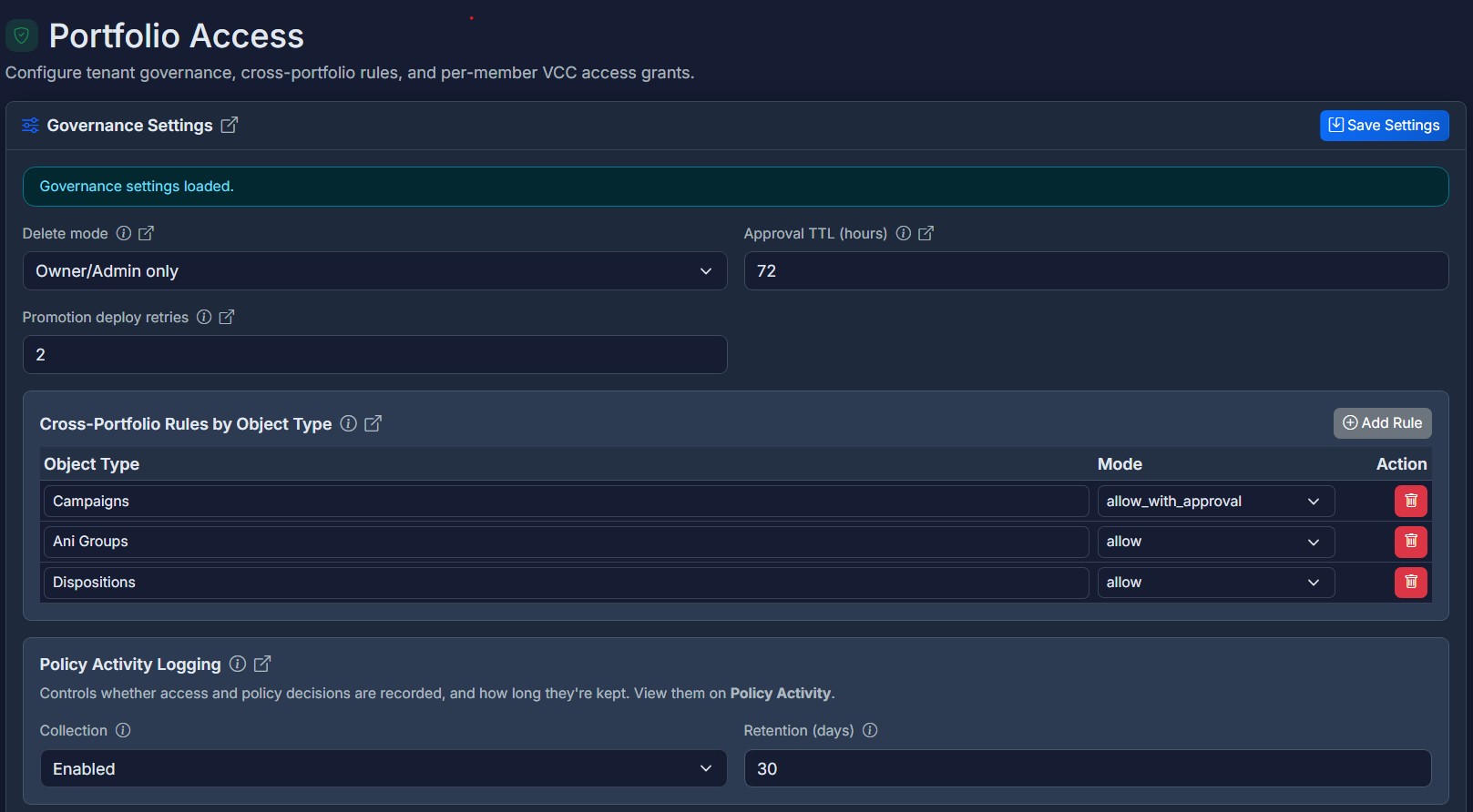 9Vault Fuse Portfolio Access — member grants and governance settings for multi-domain Five9 teams